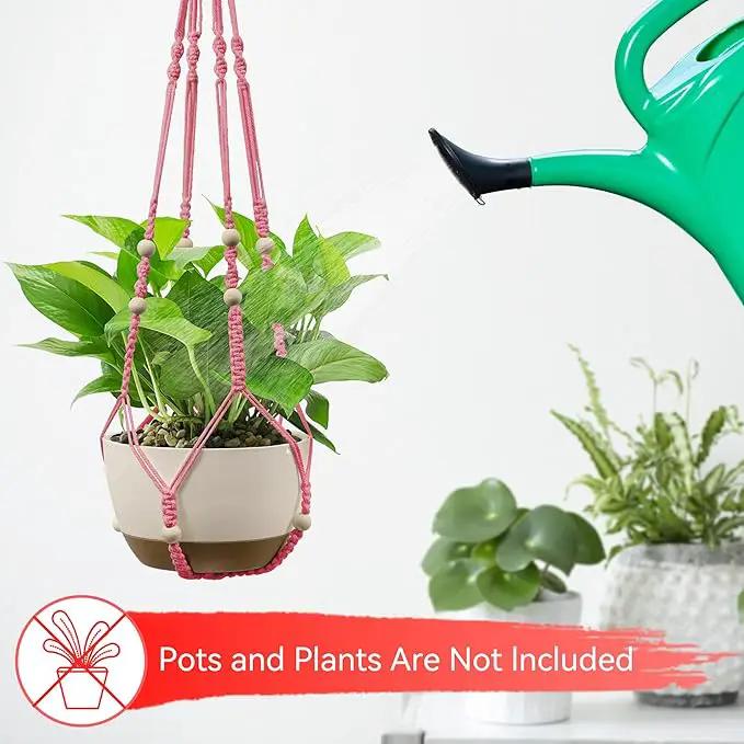 USLAI Macrame Plant Hanger Indoor Outdoor, Up to 4-15 inch Pot, Heavy 20lb Planters, Extra Long Strong Hanging Planter Basket Holder, Boho Home Decor, 35+49 Inch, Pink (POTS NOT Included) by GreenHaven Gardens