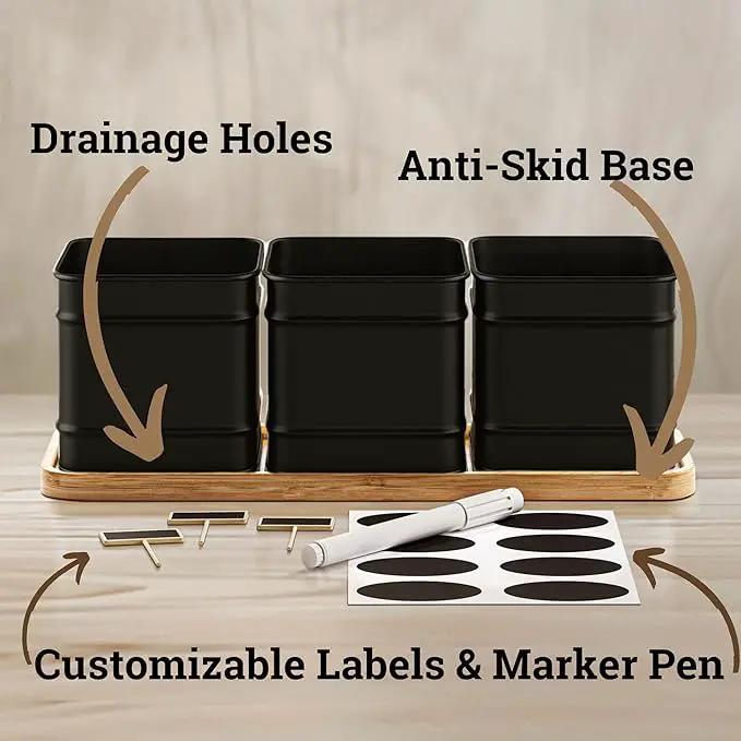 Herb Planter Indoor - 3 Iron Herb Pots with Drainage Holes, Varnished Bamboo Tray, Customizable Labels & Marker Pen - Indoor Herb Garden Planter - 3 Pots for Herbs - Inside Spice Garden - Basil Pot by GreenHaven Gardens