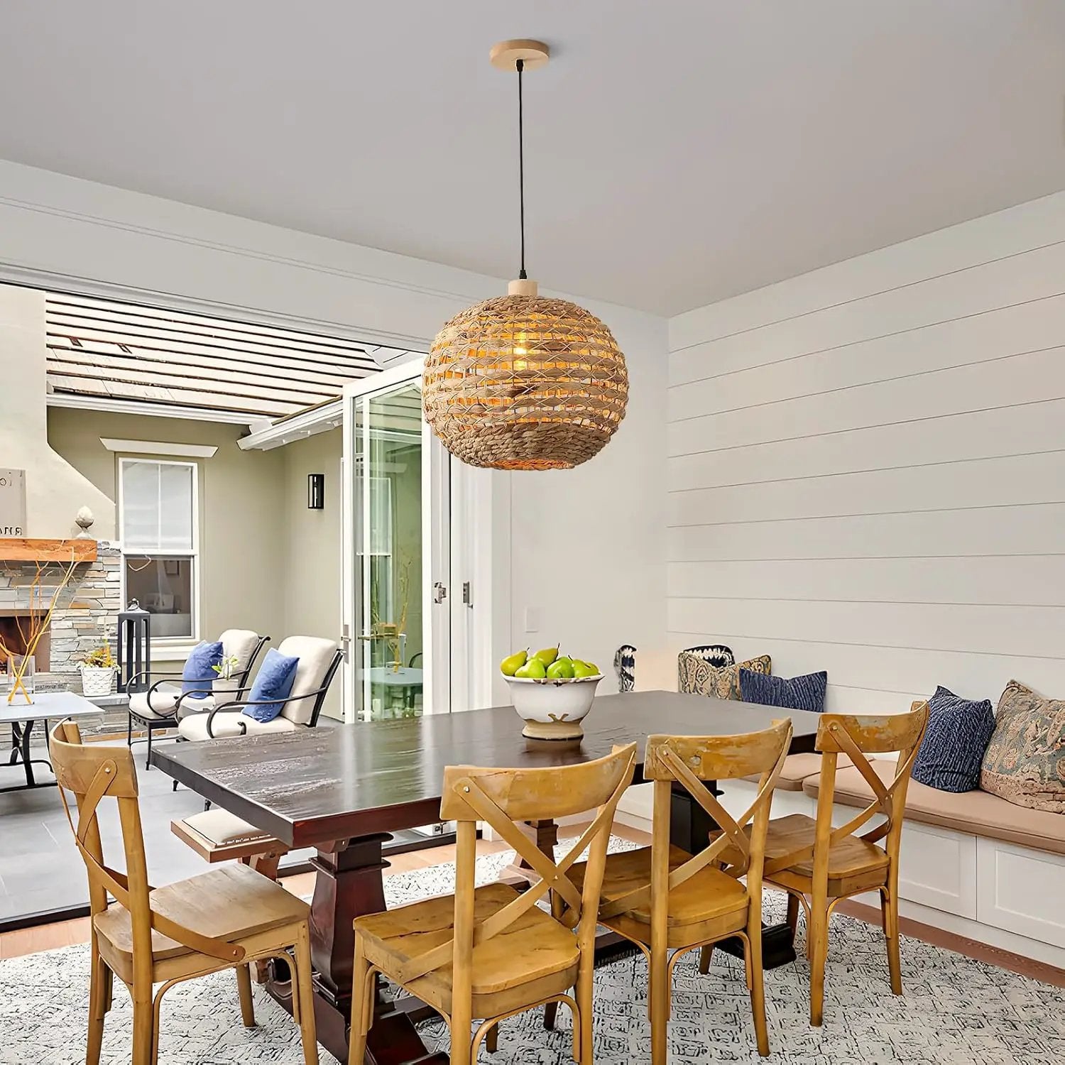 Boho Pendant Lights Kitchen Island Rattan Lights Fixture for Dining Room 15.8" Hand-Woven Chandelier Weaving Hanging Ceiling Light for Restaurant Living Room Bedroom Foyer Hallway by GreenHaven Gardens