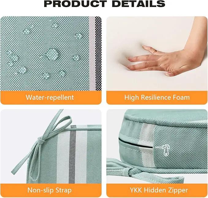Round Corner Seat Cushions, 17" x 16" x 2", Set of 4, Indoor Outdoor Water Repellent Universal Chair Pads with Ties for Patio Furniture, Garden Deck Dining Chairs, Aqua Stripe by GreenHaven Gardens