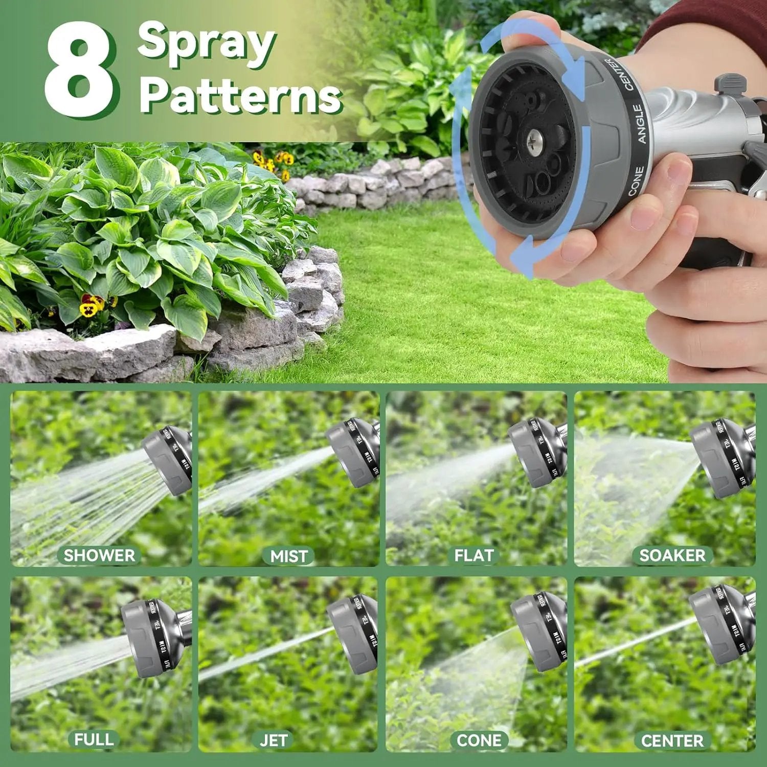 Garden Hose Nozzle, Heavy Duty Metal Water Hose Nozzle with 8 Adjustable Spray Patterns, High Pressure Hand Sprayer with Flow Control for for Garden Watering, Car & Pet Washing by GreenHaven Gardens