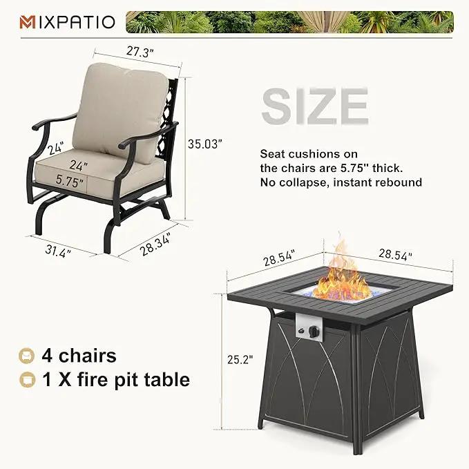 Patio Furniture Set with Fire Pit Table, 5 Pcs Metal Outdoor Conversation Set, 4 Rocking Chairs with 5.75" Extra Thick Cushion and 28" Fire Pit Table for Backyard Deck, Beige by GreenHaven Gardens