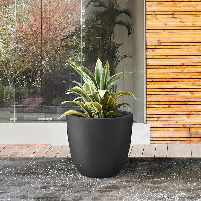 Kante 14 Inch Dia Round Concrete Planter, Indoor Outdoor Large Plant Pot with Drainage Hole and Rubber Plug for Home Patio Garden, Black by GreenHaven Gardens