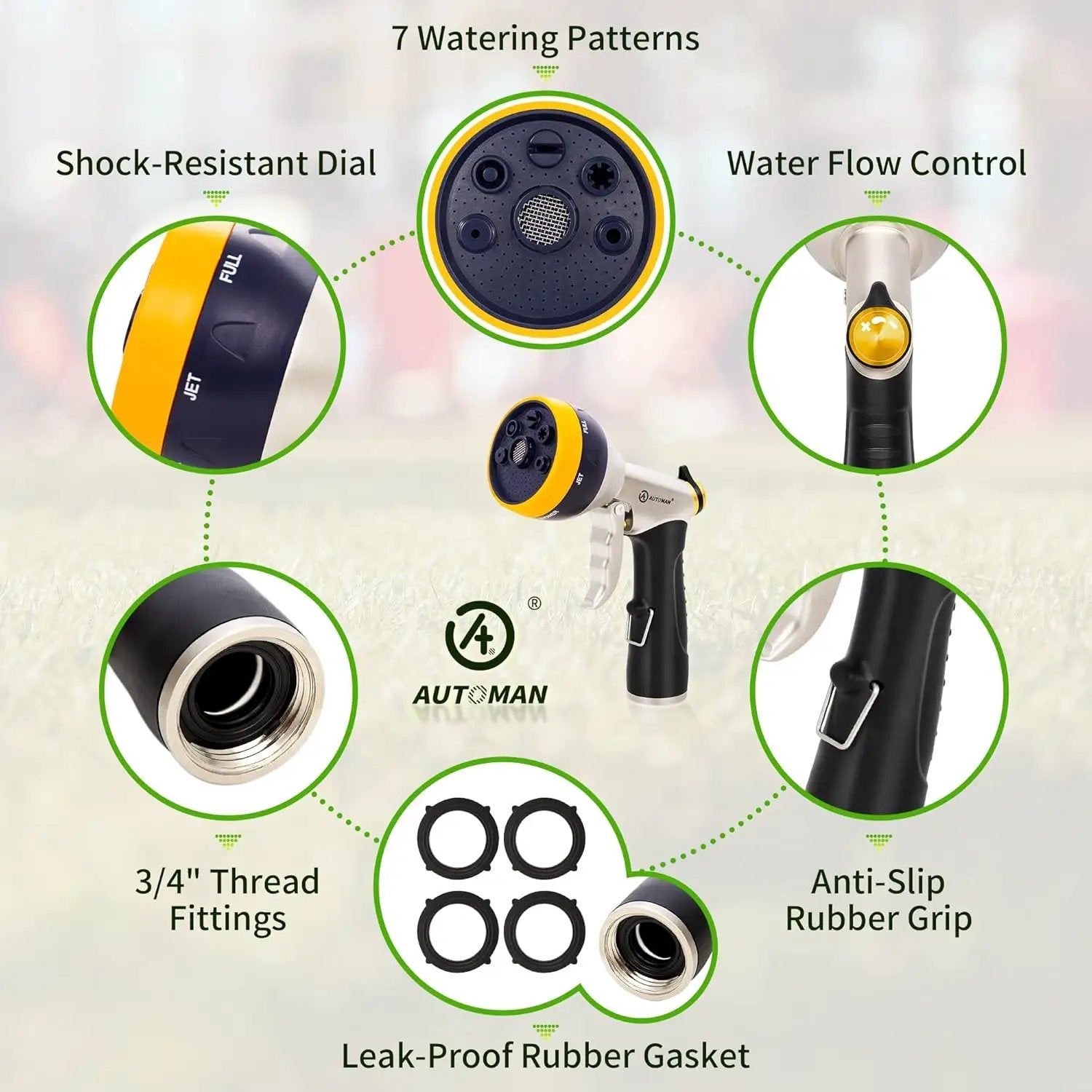 AUTOMAN Garden Hose Nozzles - High Pressure 100% Metal Hose Sprayer 2 Pack, Heavy Duty Garden Watering Nozzle Set, Powerful Garden Nozzle for Watering Plants, Window Cleaning,Washing Cars,Pets Bathing by GreenHaven Gardens