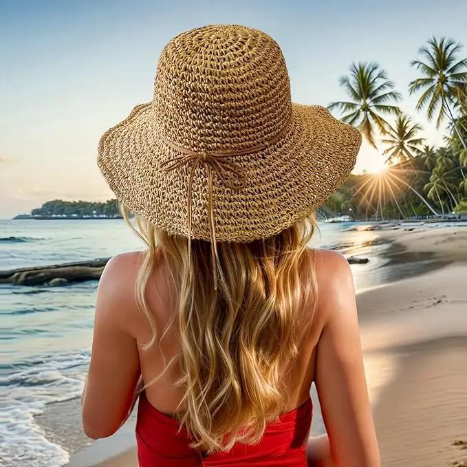 Womens Straw Beach Sun Hats, Foldable Packable Floppy Handmade Crochet Hats for Women,Large Summer Vacation Wide Brim Hat by GreenHaven Gardens