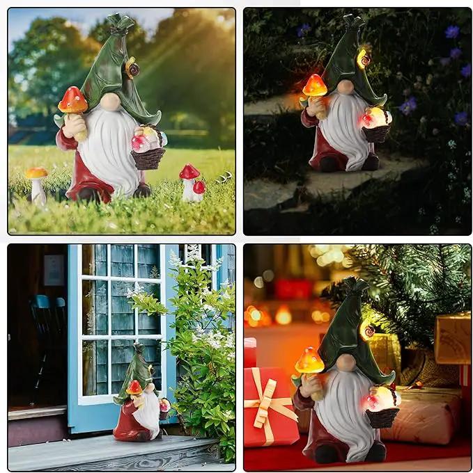 Mushroom-Picking Gnome Solar Garden Statue with 3 LED Lights, Set with 1 Gnome and 2 Small Mushroom, Lovely Garden Gnome Set for Patio, Yard, Lawn Ornament, Outdoor Decor by GreenHaven Gardens
