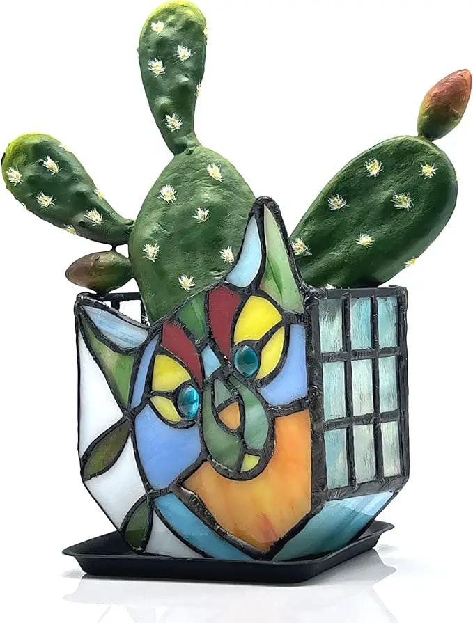 Tiffany Style Cute Cat Face Design Small Flower Pot, Unique Stained Glass Cat Planter, Tiltable Cat Decorative Flower Pot, Fun Peek-A-Boo Terrarium Decoration, Gift for Plant Women by GreenHaven Gardens