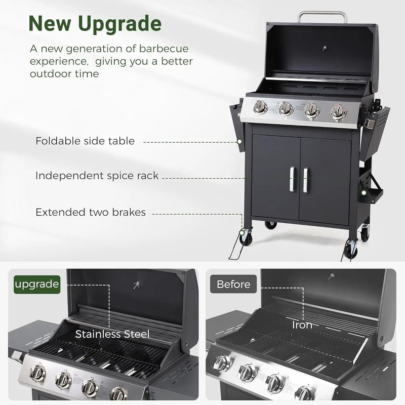 4-Burner Propane Gas BBQ Grill with Wheels, 40,000 BTU Output Stainless Steel Barbecue Grill for Backyard & Outdoor Cooking Easy Assembly, Foldable Side Tables & Spice Rack (Dark Black) by GreenHaven Gardens