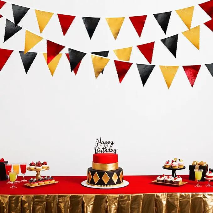 Red Black Gold Party Decorations Metallic Fabric Triangle Pennant Banner Flag Bunting Garland for Graduation Birthday Anniversary Pirate Poker Casino Las Vegas Christmas Holiday Party Supplies by GreenHaven Gardens