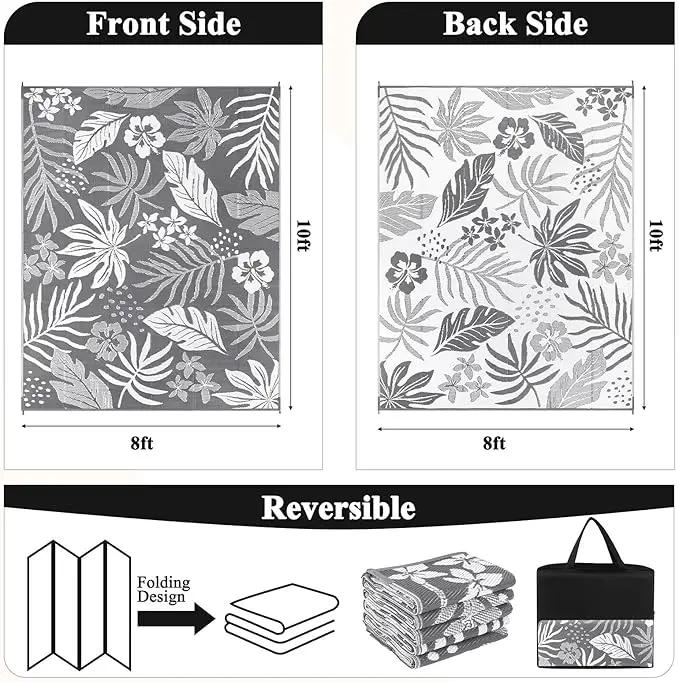 Pauwer Waterproof Outdoor Rug 8x10, Reversible Plastic Straw Patio Camping Rug, Indoor Outdoor RV Mat Carpet for Deck, Camper, Porch, Balcony, Backyard, Picnic, Floral Grey by GreenHaven Gardens