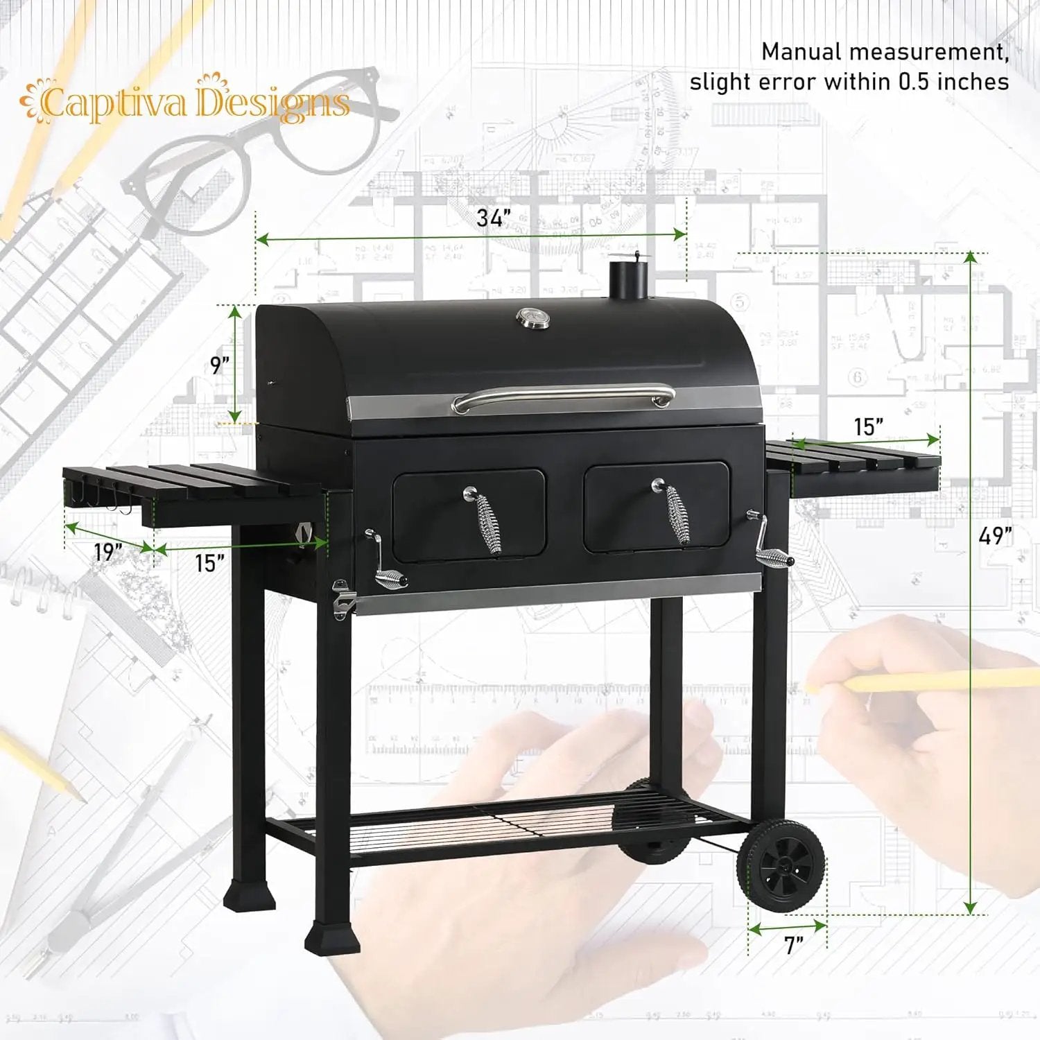 Captiva Designs Extra Large Charcoal BBQ Grill with Oversize Cooking Area(794 SQIN), Outdoor Cooking Grill with 2 Individual Lifting Charcoal Trays and 2 Foldable Side Tables by GreenHaven Gardens