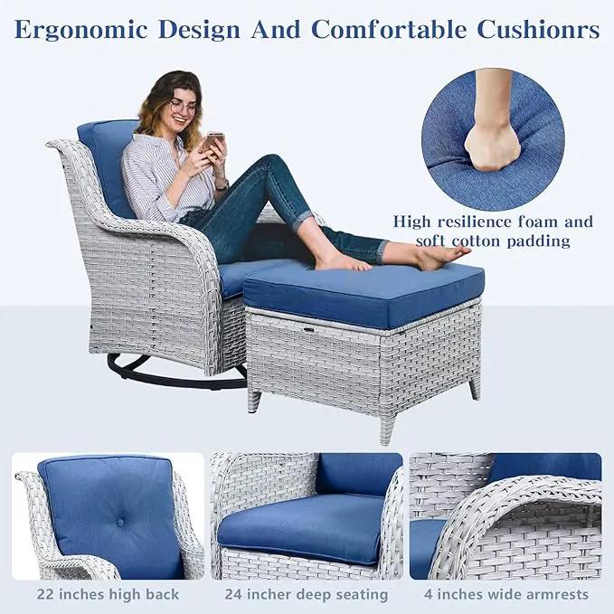 4 Pieces Patio Furniture Sets, Wicker Patio Swivel Glider Chair with Ottomans, Outdoor Furniture Set for Outside Porch Deck Balcony, Light Grey by GreenHaven Gardens
