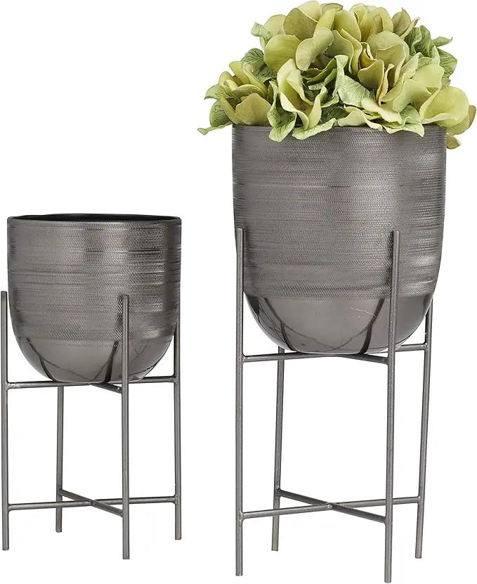 Deco 79 Metal Indoor Outdoor Planter Small Planter Pot with Removable Stand, Set of 2 Planters 12", 9"H, Gray by GreenHaven Gardens