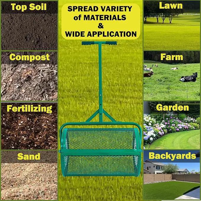 Compost Spreader, 24" Peat Moss Spreader, Roller Lawn Spreader with 3 Heights T Shaped Handle, Side Latches Powder Coated Steel Mesh Basket, Lawn & Garden Spreader for Spreading Manure Topsoil, Green by GreenHaven Gardens
