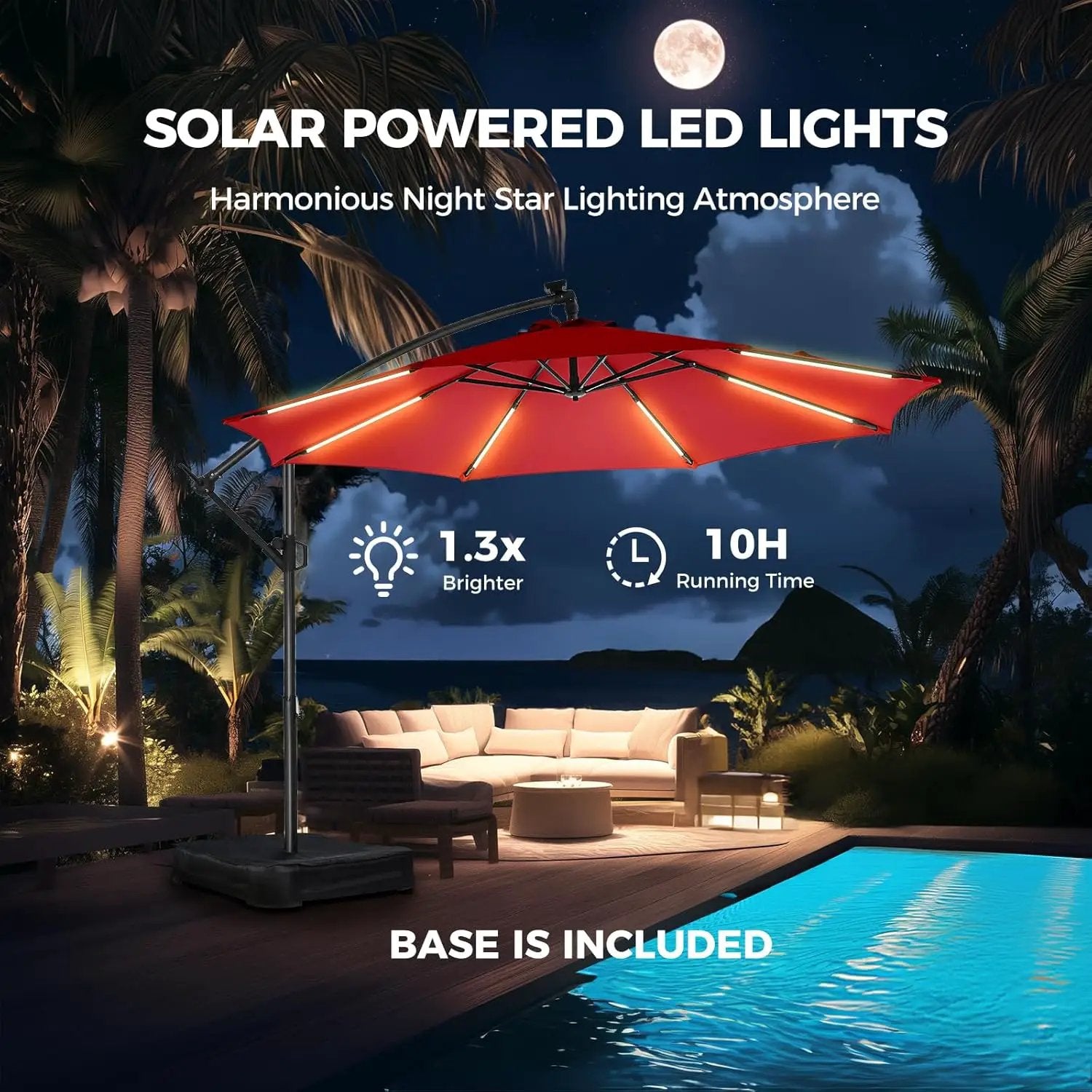 HOMSHADE 10ft Solar Lights Offset Cantilever Patio Umbrella with Light and Base, LED Lighted Offset Hanging Patio Outdoor Market Umbrella UPF50+ UV Protection with Easy Tilt and Crank, Red by GreenHaven Gardens