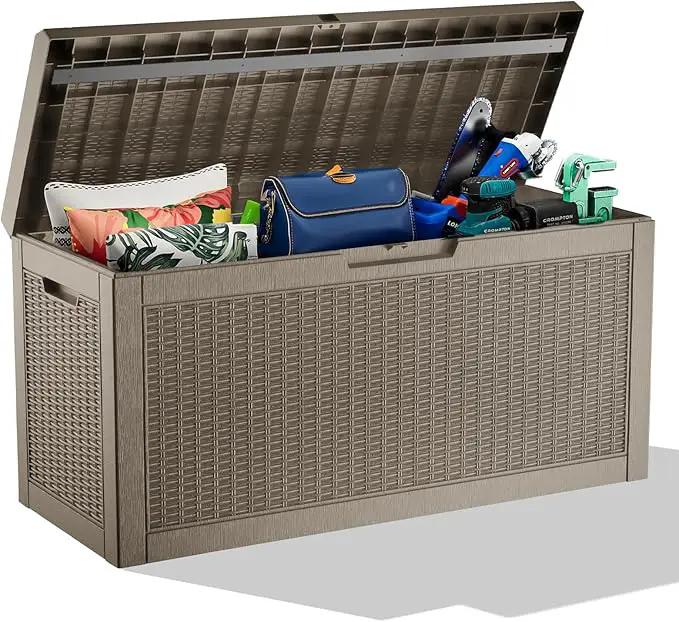 60 Gallon Resin Deck Box, Lockable Outdoor Storage Box for Patio Cushions Storage Furniture,Garden Tools, Pool Supplies, Weatherproof and UV Resistant (Grey Rattan) by GreenHaven Gardens
