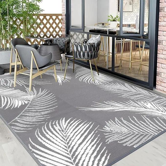 Pauwer Waterproof Outdoor Rug 8x10, Reversible Plastic Straw Patio Camping Rug, Indoor Outdoor RV Mat Carpet for Deck, Camper, Porch, Balcony, Backyard, Picnic, Leaf Grey by GreenHaven Gardens