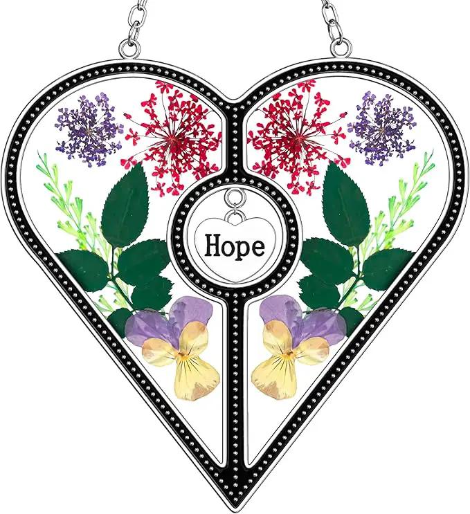KY&BOSAM Heart Suncatcher Hope Stained Glass Panels for Windows Hangings Wind Chime with Pressed Real Flower Heart Embedded in Glass Friend Gifts- Birthday Gifts for Women Mother`s Day Christmas Decor by GreenHaven Gardens