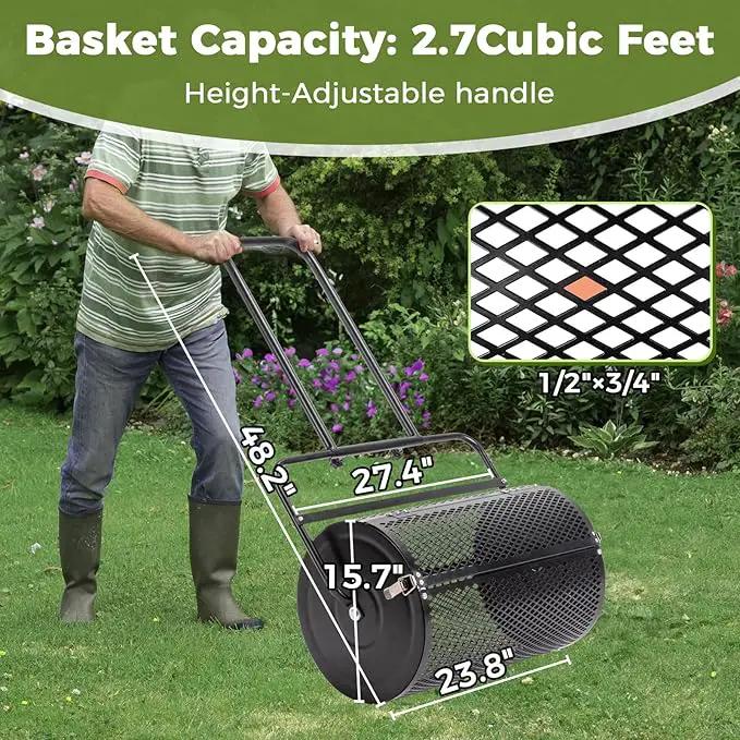 Outvita Compost Spreader and Peat Moss Spreader, 24" Push/Tow-Behind Roller Lawn Spreader with Steel Mesh Basket Garden Spreader for Spreading Manure Mulch Topsoil by GreenHaven Gardens
