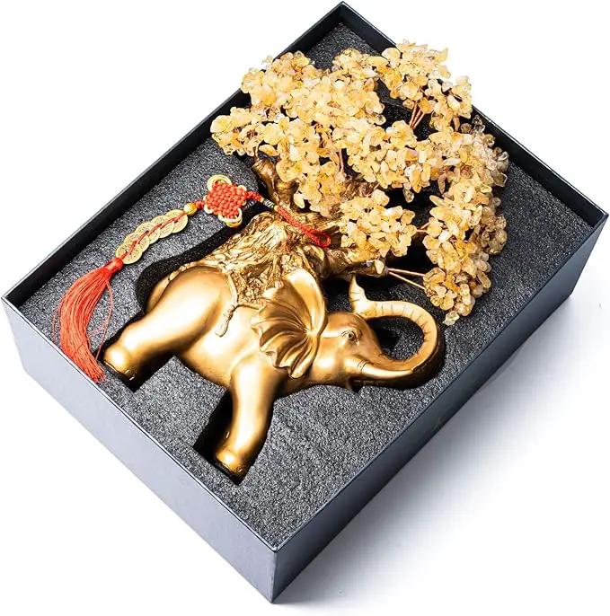 Citrine Crystal Money Tree on Gold Elephant Statue, 17”Large Gemstone Bonsai Tree of Life Home Décor Gifts for Wealth Positive Energy, Feng Shui Décor by GreenHaven Gardens