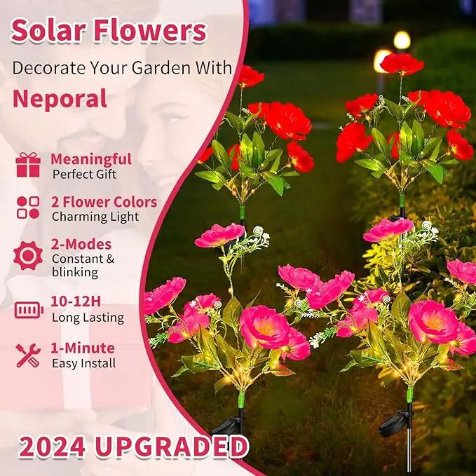 Neporal Solar Flowers Outdoor Waterproof Camellia，4PK Decorative Garden Lights Solar Powered Dusk to Dawn, 7-Stem, 2 Lighting Modes Plants Lights for Yard, Backyard, Porch (Pink+Red) by GreenHaven Gardens