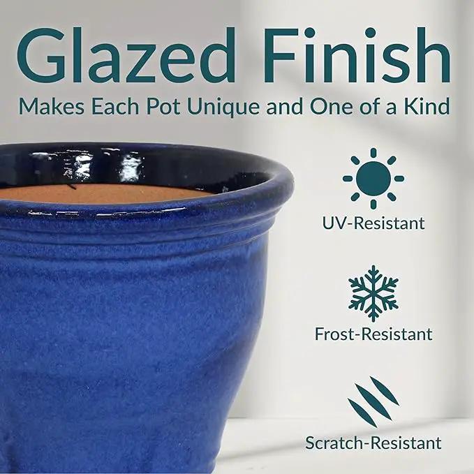 Sunnydaze Studio Large Ceramic Plant Pot - Round Outdoor Glazed Ceramic Planter Pot with Drainage - Imperial Blue - 14.5" by GreenHaven Gardens