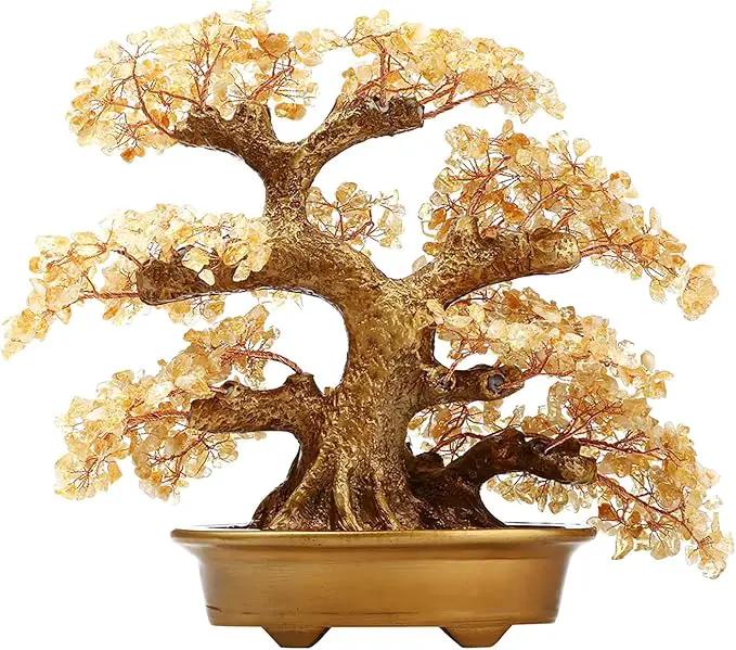 Feng Shui Money Tree Large Pine Tree Style Crystal Quartz Lucky Tree Gem Tree for Office Home Feng Shui Decoration for Wealth/Fortune and Luck (Yellow) by GreenHaven Gardens