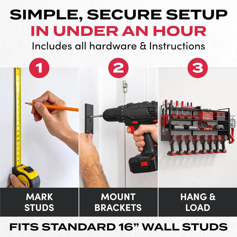 Power Tool Organizer Wall Mount - Power Tool Storage Rack with 3 Shelves, 8 Drill Holders, Bit Holder, Load 300 lbs, Pegboard Sides Storage for Tools- Garage Drill Organizer, Ultimate Workshop Station by GreenHaven Gardens