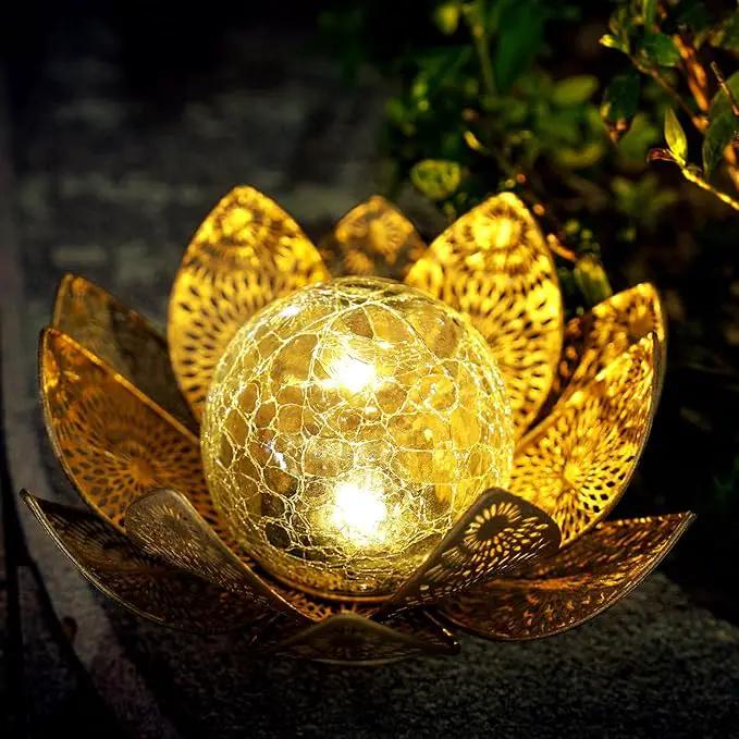 Solar Lights Outdoor Waterproof Lotus Flower Metal Yard Art Decoration Crackle Globe Glass Solar Lamp Garden Decor for Outside, Flowerbed Lawn Patio Porch Pathway Pond Decorations by GreenHaven Gardens