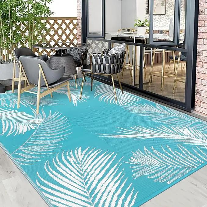 Pauwer Waterproof Outdoor Rug 8x10, Reversible Plastic Straw Patio Camping Rug, Indoor Outdoor RV Mat Carpet for Deck, Camper, Porch, Balcony, Backyard, Picnic, Leaf Teal by GreenHaven Gardens