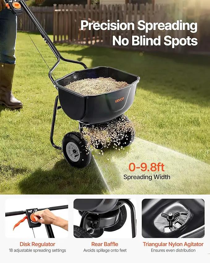 VEVOR Broadcast Spreader, 60LBS Capacity, Walk-Behind Push Spreader, 0-9.8 ft Spreading Width, 10 in All Terrain Pneumatic Tires, Lawn Spreaders with Hopper Grate, for Seed, Fertilizer, Salt, Ice Melt by GreenHaven Gardens