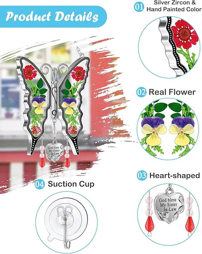 KY&BOSAM Gifts for Women God Bless My Sister in-Law Butterfly Suncatcher Sister Gifts Pressed Flower Between Wings Glass Silver Metal Charm Birthday Mother's Day Thanksgiving Christmas by GreenHaven Gardens