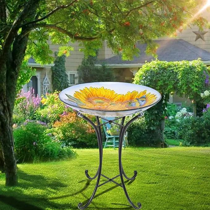 VCUTEKA Bird Baths for Outdoors, Glass Bird Bath with Metal Standing for Garden, Yards Patio Décor, Bird Lovers Gift, Sunflower Glass Birdbath Detachable (22" H * 18" W) by GreenHaven Gardens