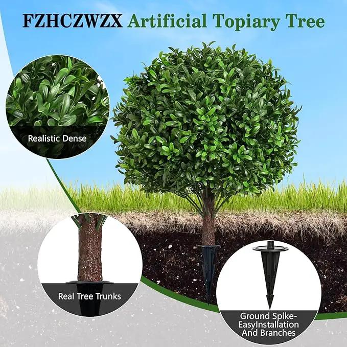 Artificial Olive Leaf Boxwood Topiary Ball Trees, Set of 2 UV Resistant 16in Outdoor Plants – Artificial Bonsai, Miniature Trees, Garden, Curb Appeal by GreenHaven Gardens