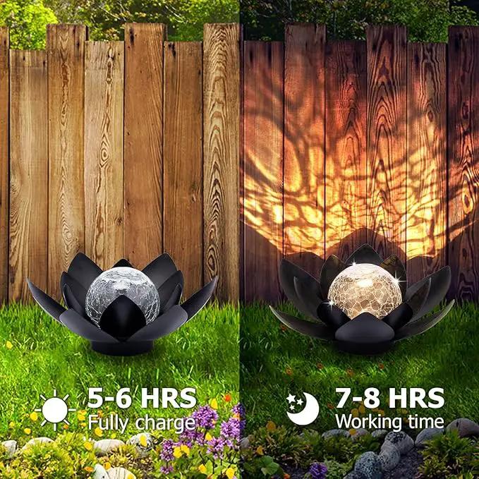 Huaxu Solar Lights Outdoor Garden Decor Metal Black Lotus Decoration, Crackle Globe Glass Waterproof LED Outside Table Lamp for Patio,Lawn, Yard,Walkway,Tabletop,Ground Gifts for Mom by GreenHaven Gardens