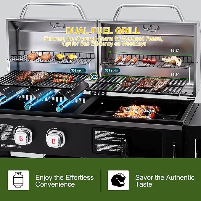 Brand-Man Propane Gas and Charcoal Grill Combo, Dual Fuel BBQ Combo Grill with Stainless Steel Dual Lids & 2 Side Shelves for Outdoor Kitchen & Backyard Barbecue Cooking by GreenHaven Gardens