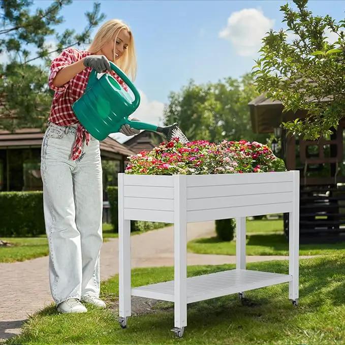 Elevated Horticulture Raised Garden Bed with Legs, Divisible Raised Resin Planter Box for Backyard, Patio, Balcony, with 4 Legs, 4 Swivel Lockable Wheels, and Storage Shelf,Ashen by GreenHaven Gardens