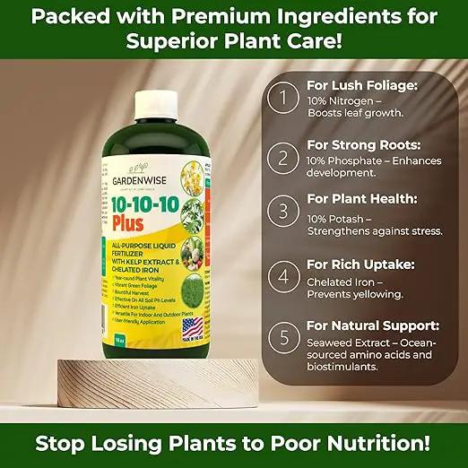 10-10-10 Fertilizer for All Purpose Plants - Liquid Fertilizer with Seaweed Kelp&Iron - Plant Food Outdoor & Indoor Plant Food, Vegetables, Flowers, Lawn & Garden 10 10 10 Fertilizer 1x8oz by GreenHaven Gardens