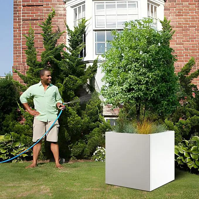 White Steel Planter Square Outdoor Planters Galvanized Steel Planter Box Indoor Metal Large Planters Cube Heavy Duty Flower Pot 32 Inch Modern Commercial Residential for Trees Patio Deck Yard Garden by GreenHaven Gardens