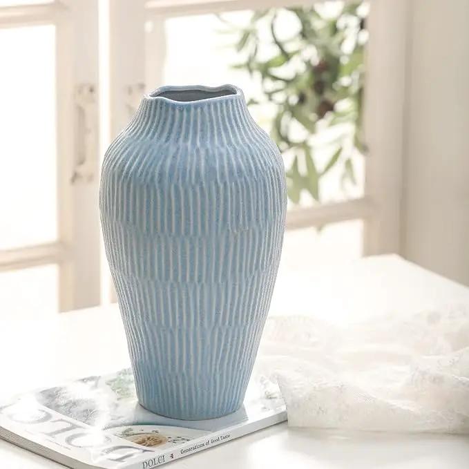 Ceramic Vase for Home Decor,11.6 Inch Flower Vases，Decorative Blue Vase for Pampas Grass，Modern Art Texture Vases for Home Entryway Living Room Dining Table Farmhouse Office Decor-Mat Blue by GreenHaven Gardens