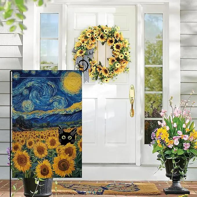 BLKWHT Summer Sunflower Cat Garden Flag 12x18 Vertical Double Sided Blue Sky Welcome Farmhouse Holiday Outside Decorations Burlap Yard Flag BW822 by GreenHaven Gardens