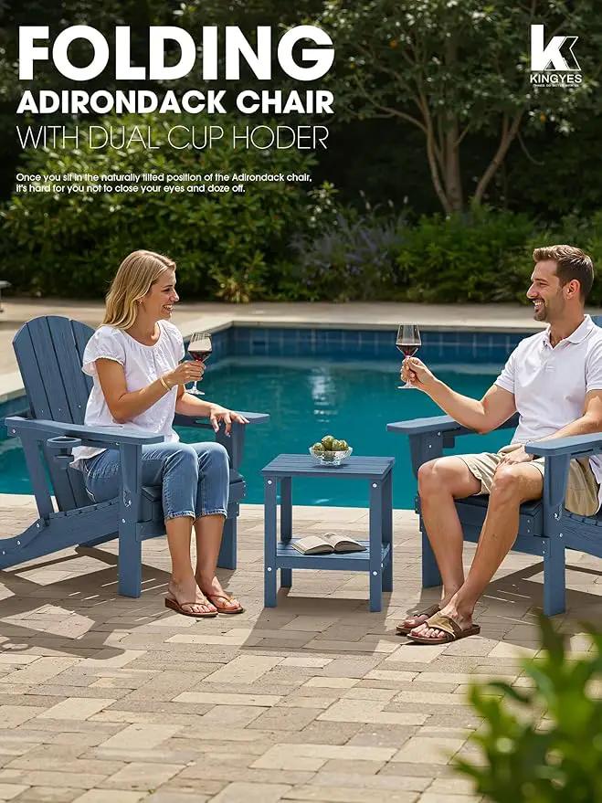 KINGYES Folding Adirondack Chair Set of 2, Dual Cup Holders & All-Weather HDPE, Wood-Like Patio Chair for Backyard, Camping, Pool & Fire Pit, Navy by GreenHaven Gardens