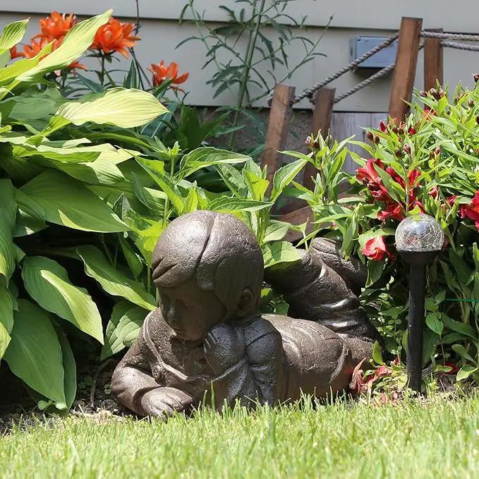 Emsco Group 92246 Day Dreaming Boy Statue – Natural Appearance – Made of Resin – Lightweight – 16” Height Garden, BRONZE by GreenHaven Gardens