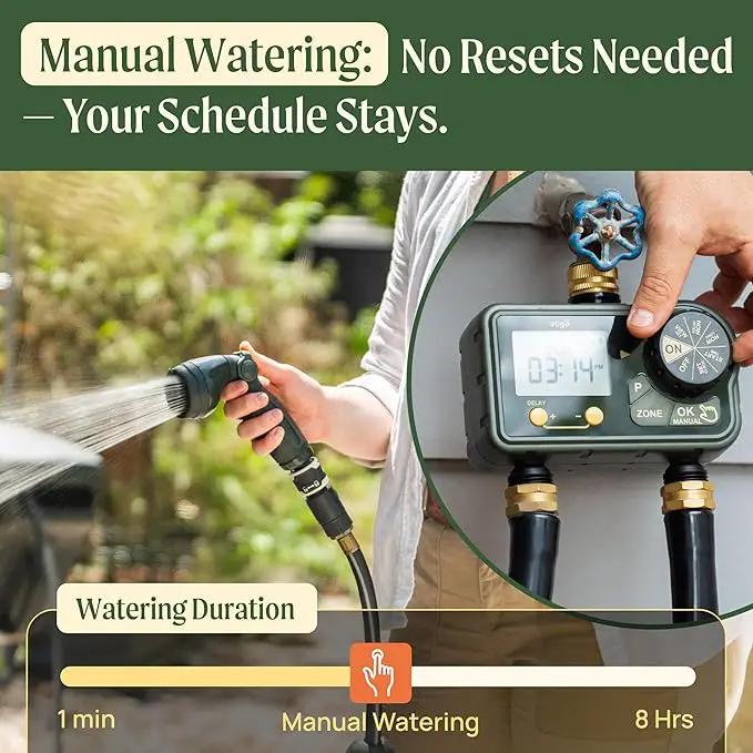Vego 2 Zone Sprinkler Timer with Brass Inlet- Watering Timer for Garden Hose with Dual Channel Programmable Rain Delay/Manual Watering/Automatic Irrigation - Water Hose Timer for Yard Lawn by GreenHaven Gardens