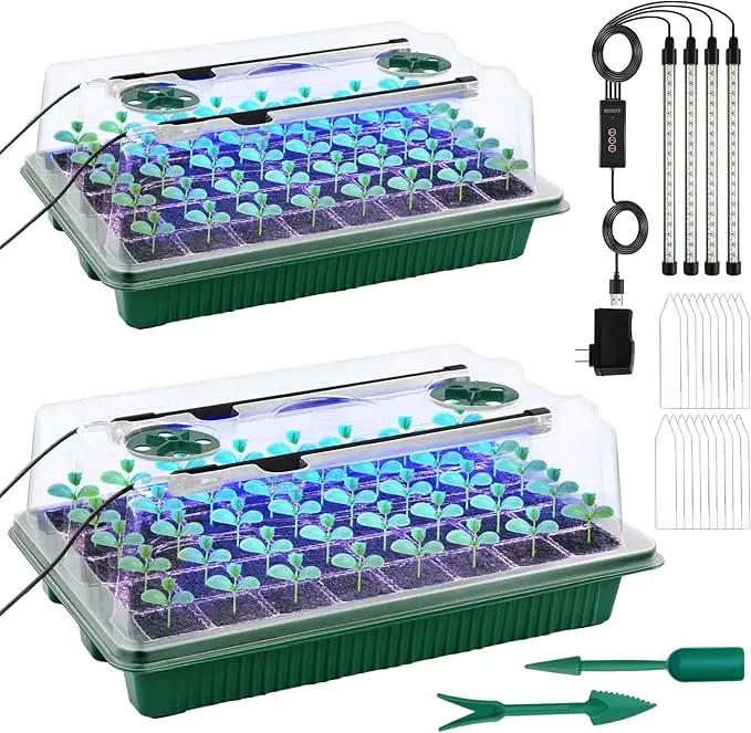 2 Packs Starter Tray with Grow Light, 80 Cells Seed Starter Kits with Humidity Dome and Base Plant Germination Seedling Starter Kit with Smart Timer for Indoor Greenhouse Wheatgrass Hydroponic by GreenHaven Gardens