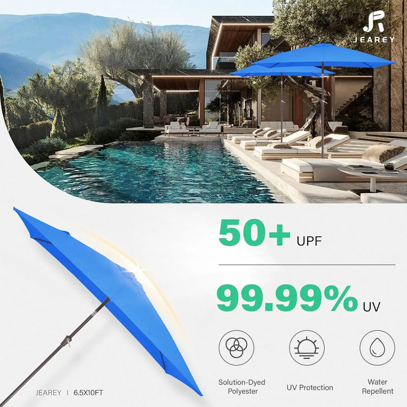 JEAREY 6.5x10 ft Rectangular Patio Umbrellas Outdoor Market Umbrella with Push Button Tilt and Crank, Rectangle Table Umbrella 6 Sturdy Ribs UV Protection for Pool Garden Backyard Deck, Royal Blue by GreenHaven Gardens