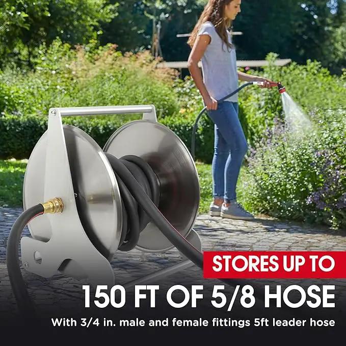 Stainless Steel Garden Hose Reel, Wall Mount or Floor Mounted with 3/4 Inch Brass Fittings Lead hose, 135 Ft Capacity with Crank Handle & portable hose reels for outside by GreenHaven Gardens
