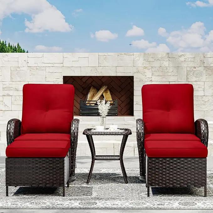 Joyside 5 Piece Patio Furniture Set, Outdoor Swivel Chair Sets with Thick Cushion and Ottoman, Wicker Patio Conversation Set for Porch, Deck Use (Brown/Red, 5 PCS)