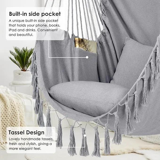 Y- STOP Hammock Chair Hanging Rope Swing, Max 500 Lbs, 2 Cushions Included, Large Macrame Hanging Chair with Pocket for Superior Comfort, with Hardware Kit (Light Grey) by GreenHaven Gardens