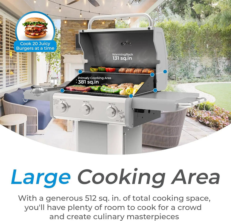 Kenmore 3-Burner Propane BBQ Grill, 30,000 BTUs Gas Grill with Cast Iron Cooking Grates, Folding Side Tables & Wheels, Outdoor Grill with Tool Hooks, Pearl White + Bonus Cover by GreenHaven Gardens